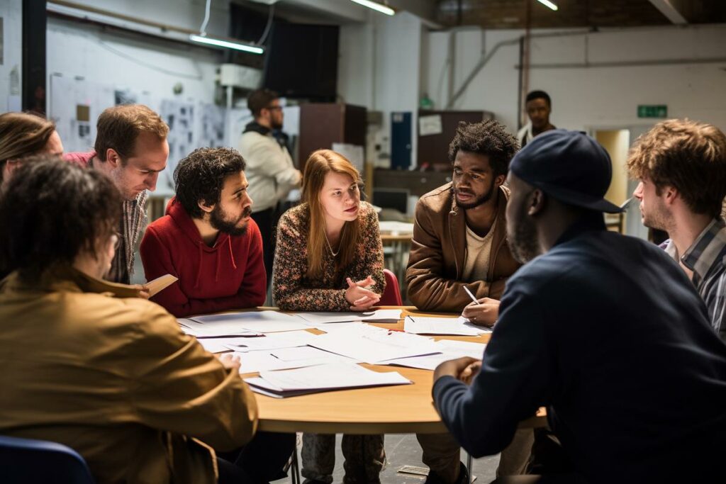 colaboradores discutindo sobre um assunto na mesa