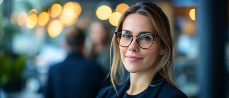 foto de uma mulher de terno azul usando óculos.
