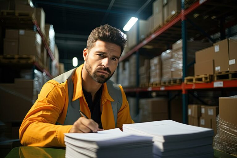 foto de homem dentro de um deposito conferindo uma pilha de papeis.