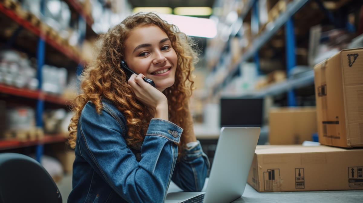 Mulher com cabelo encaracolado sorrindo enquanto fala em um telefone móvel sentada na frente de um laptop em um ambiente de armazém