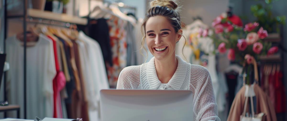 jovem empresaria sentada na mesa de trabalho sorrindo com o notebook aberto.