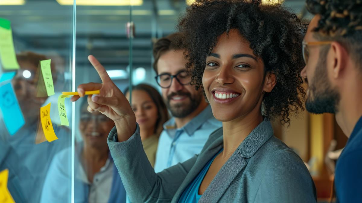 foto de empresaria com sua equipe sorrindo para a câmera.
