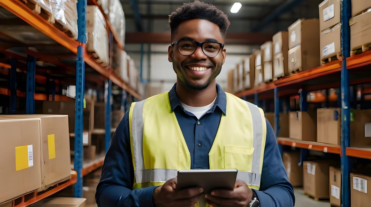 rapaz dentro do deposito conferindo mercadorias com um tablt na mão.